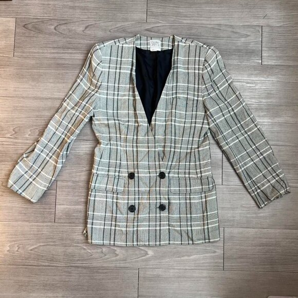 Vtg 80s Women's Suits Galore Grey Plaid Double Breasted Blazer Jacket Size 8 - Picture 1 of 5